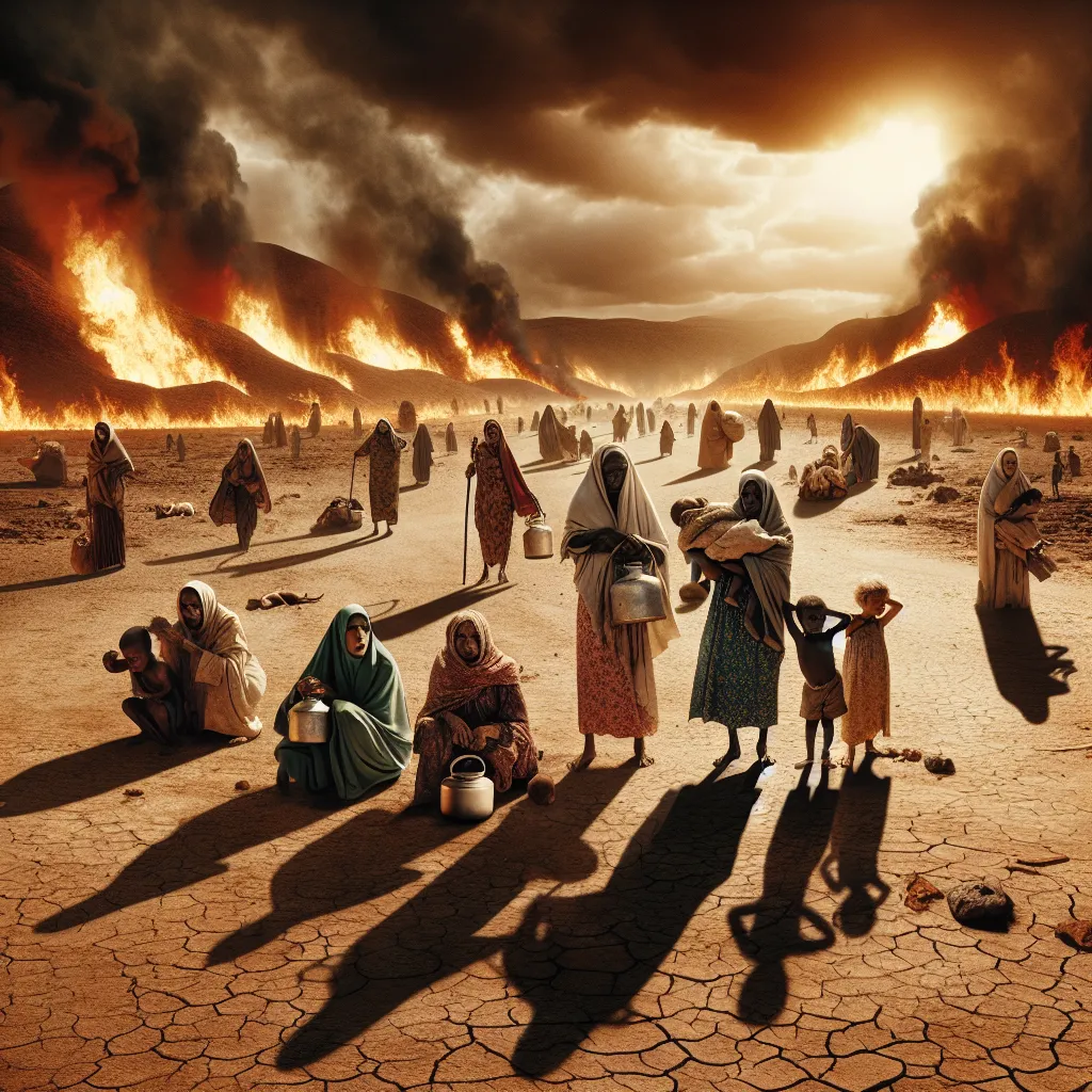 Desperate climate refugees. This image is a way to "see" what is coming... a tragedy of unprecedented proportion on Earth. Fires, no food or water, chaos, people running for their lives. This is very likely as we head to 8.0 degrees Celsius.