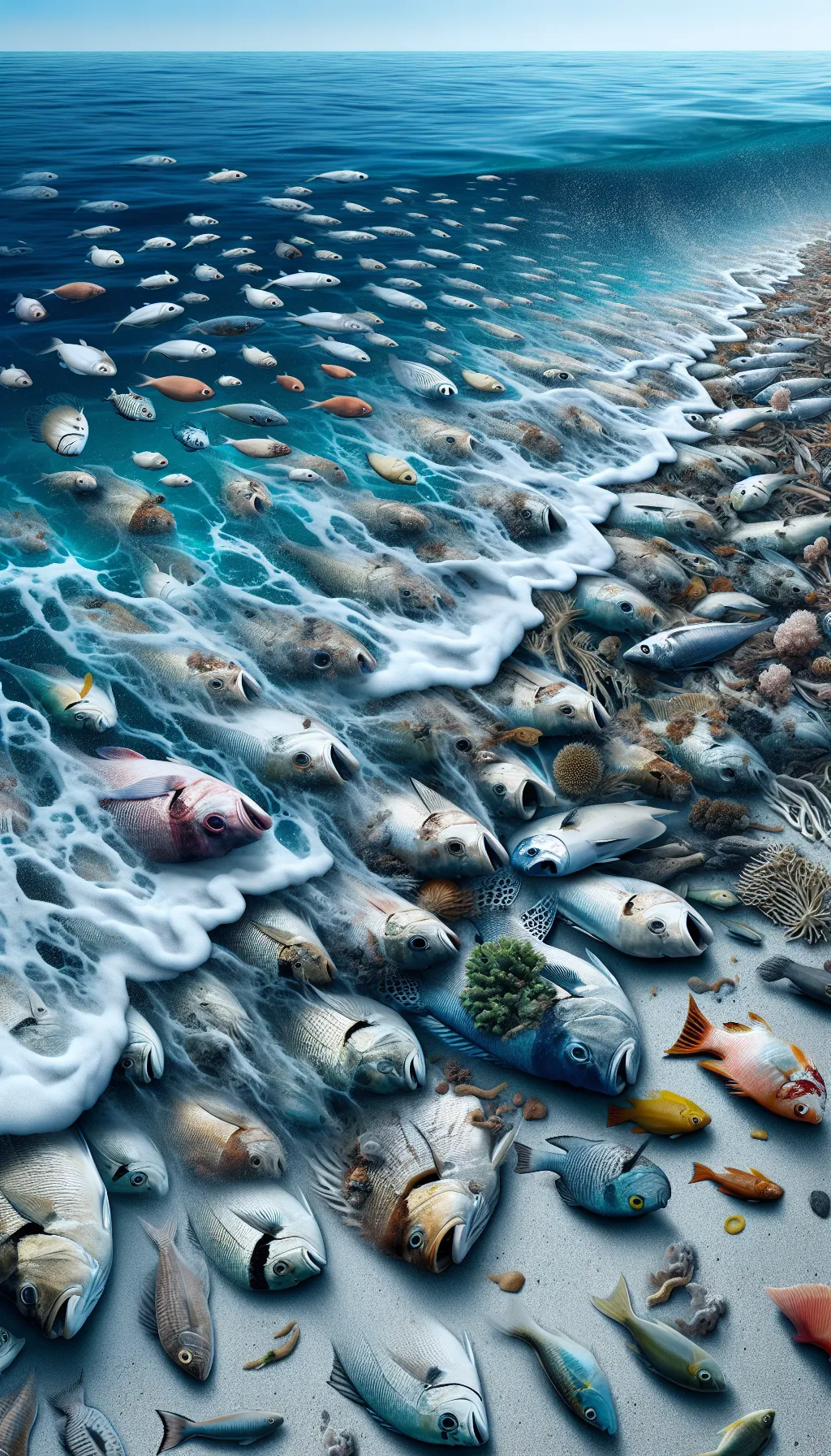 Dying fish washed up on the beach due to the effects of climate change.