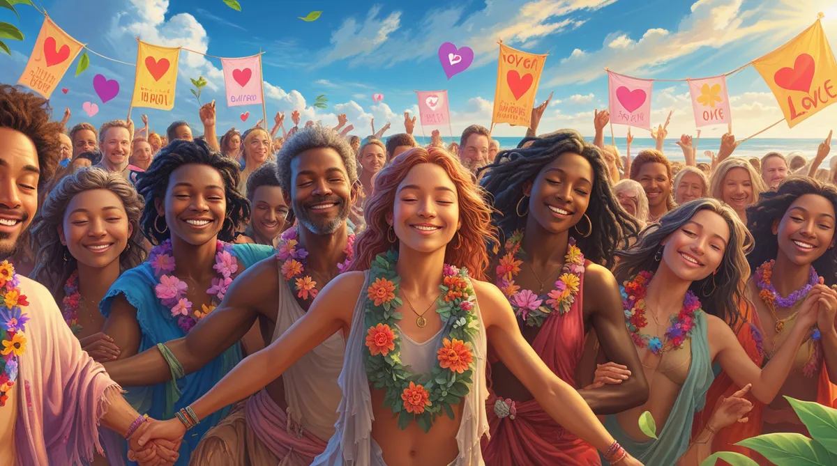 Happy enlightened people on a beach, realizing together that we are one.