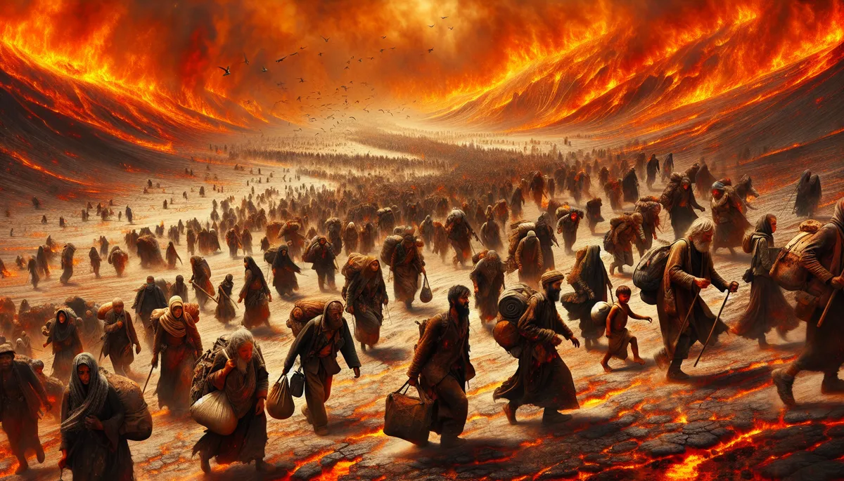 Image of refugee migrants seeking food and safety on burned-up earth.
