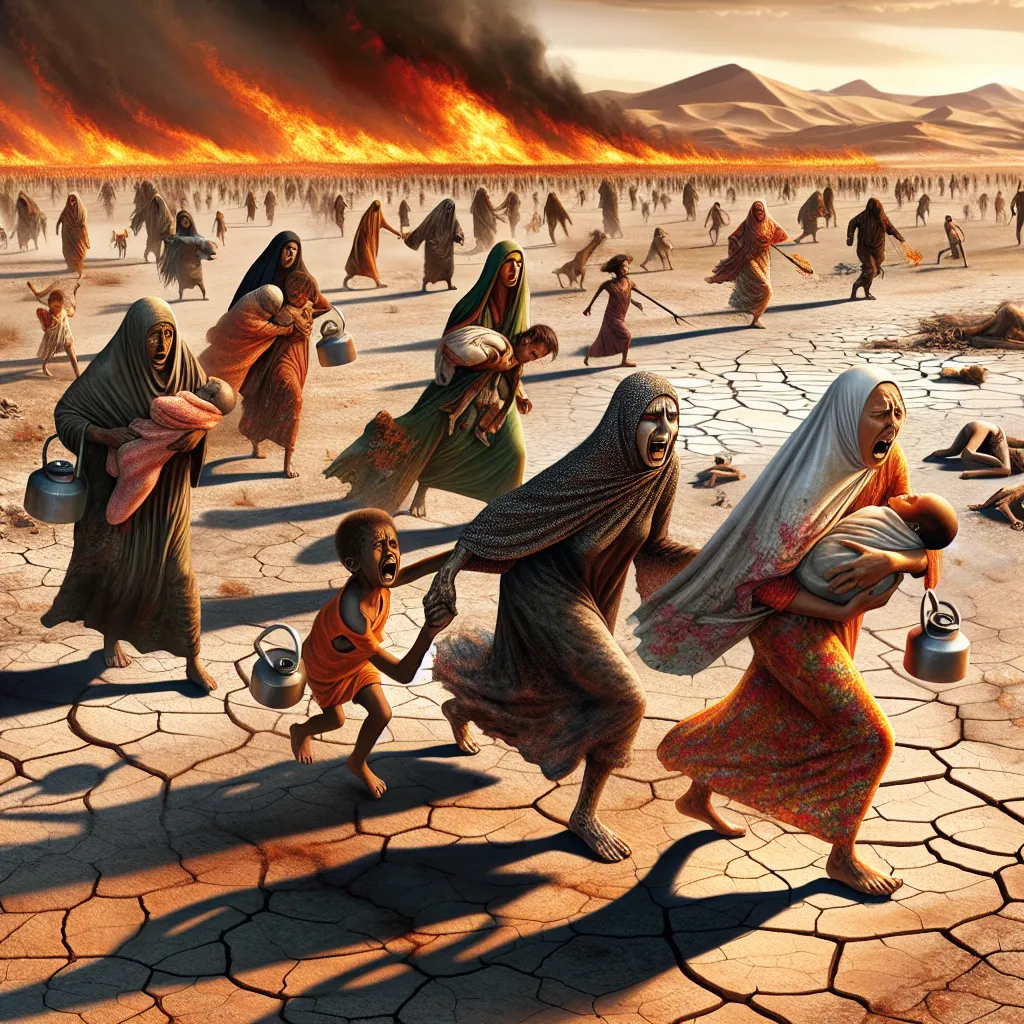 Climate migrants running, looking for food and water.