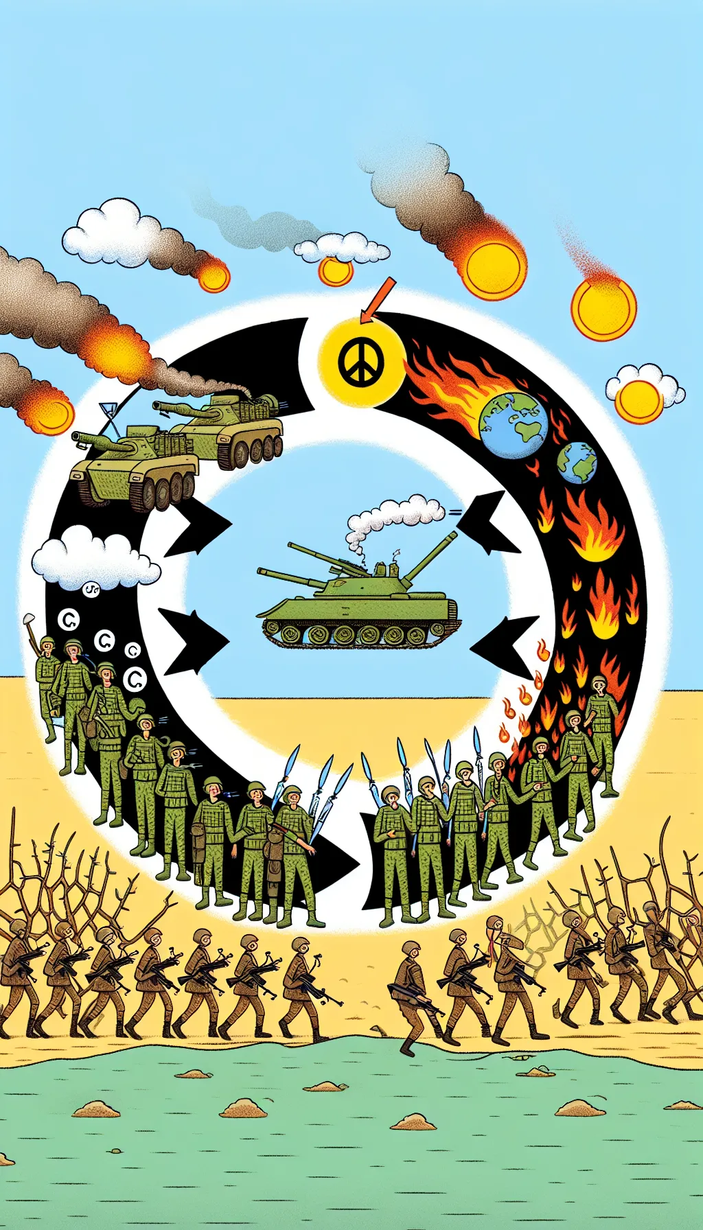 Here is a detailed diagram illustrating the cyclical relationship between war and warming. On one side include an image of a war-induced scene, with factories producing weaponry, vehicles emitting smoke and plumes of black and grey smoke as the result of explosions, symbolizing carbon emissions. The smoke should then transform into dark smoke clouds overhead, indicating atmospheric pollution. On the other side, portray an overly heated Earth exhibiting signs of climate change, such as melting ice caps, drought-stricken fields, forest fires, and increasing sea levels. Connect this back to an image of escalating conflicts over exhausted resources, completing the circle.