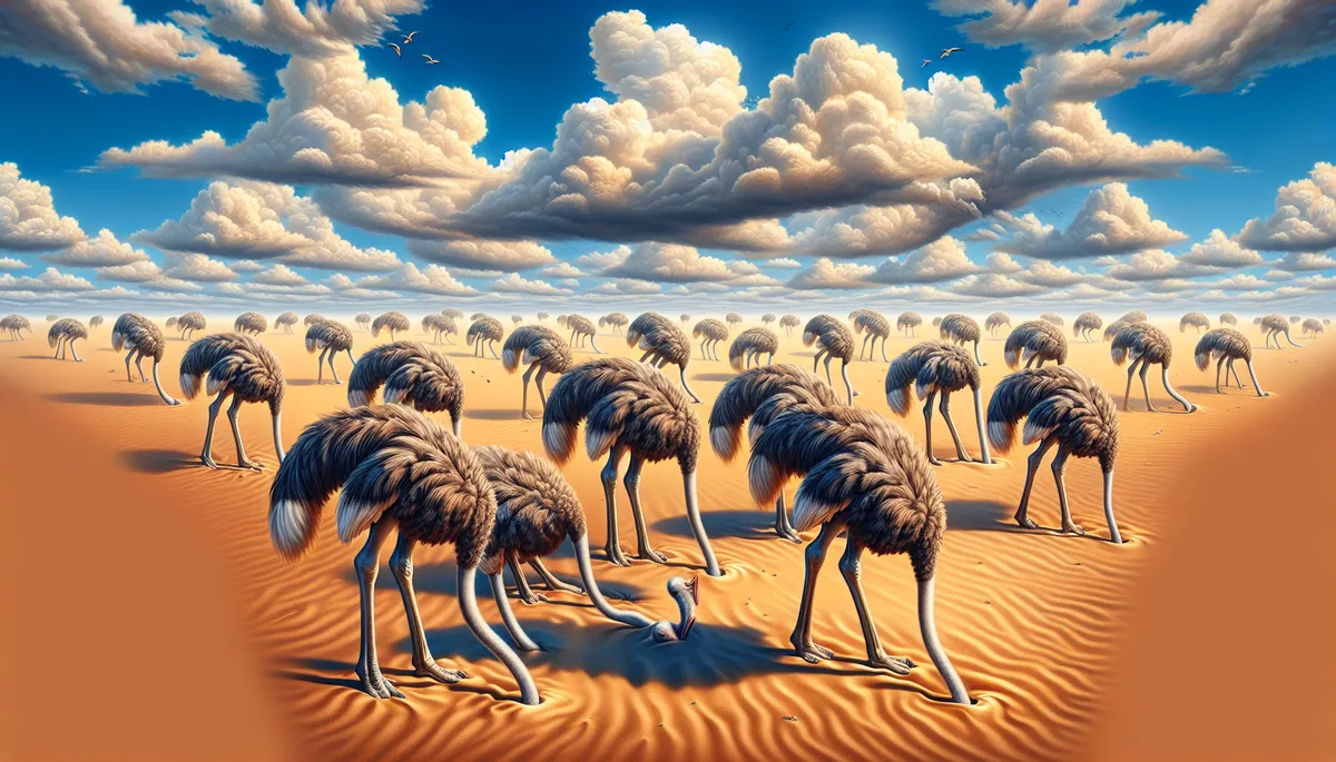 Many ostriches with heads in the sand.